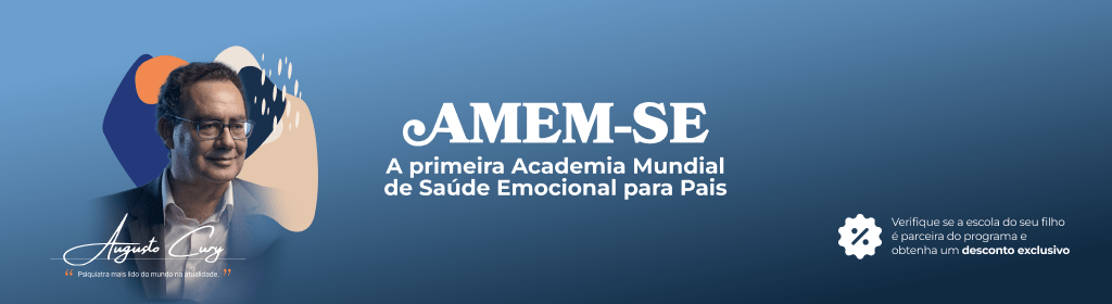 Banner superior do produto. Segue a descrição do conteúdo: A AMEM-SE - Academia Mundial de Saúde Emocional é uma iniciativa do psiquiatra Dr. Augusto Cury com o objetivo de promover um programa de gestão das emoções para pais e sobre como lidar com os desafios de criar filhos na sociedade atual.