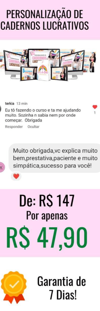 Banner lateral do produto. Segue a descrição do conteúdo: A MELHOR FORMA DE GERAR RENDA AINDA HOJE, PERSONALIZE CADERNOS COM ESSE PASSO A PASSO VENDENDO VÁRIOS A PARTIR DE R$ 25,00 CADA.



O curso completo de Reforma de Caderno Lucrativo é simples, rápido e fácil, você pode fazer pelo celular ou computador, mesmo que não saiba nada.



Se inscrevendo hoje você ganha de BRINDE acesso às imagens mais procuradas por meninos, meninas, jovens e adultos que fazem você vender rápido e lucrar ainda mais.