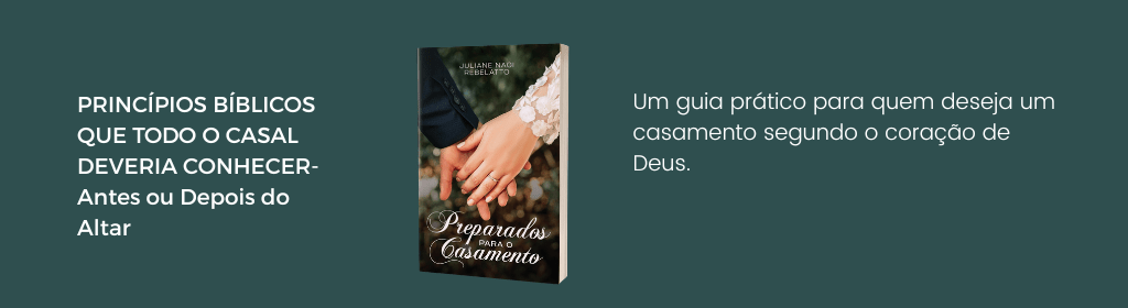 Banner superior do produto. Segue a descrição do conteúdo: Aprenda os fundamentos que todo casal precisa conhecer para construir um lar firme, equilibrado e alinhado com os princípios de Deus — desde o propósito do casamento até a convivência madura no dia a dia da família.

Veja o conteúdo por dentro do E-Book Preparados Para o Casamento:

Capítulo 01. O propósito de Deus para o casamento;
 
Capítulo 02. O papel do homem e da mulher no lar;

Capítulo 03. Como deixar a família de origem;

Capítulo 04. Princípios bíblicos para um lar saudável;

Capítulo 05. Como conviver em família de forma madura e alinhada com a Palavra.

E ainda leva um bônus especial para você transformar a rotina do seu casamento com oração intencional.

E ainda o bônus: 30 Dias de Diálogos, Orações e Meditações Intencionais.