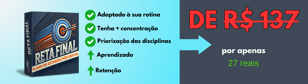 Banner superior do produto. Segue a descrição do conteúdo: Descubra como o Protocolo: Reta Final vai te levar à aprovação no seu concurso, mesmo com pouco tempo para estudar

>>> Um plano de estudos direcionado para o seu concurso que se adapta à sua rotina
>>> Descubra como priorizar as principais matérias do seu concurso e pontuar muito mais na prova

- E Mais, muito mais...