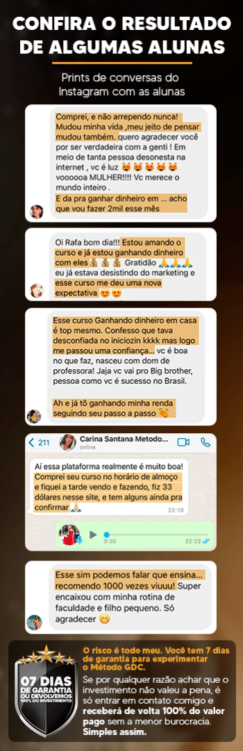 Banner lateral do produto. Segue a descrição do conteúdo: Você irá mudar completamente de vida em 2022 e eu me comprometo a te ajudar neste processo. A oportunidade está batendo na porta mas apenas você pode abrir a maçaneta. 

O caminho para conquistar seus sonhos e objetivos nunca esteve tão próximo, chegou a sua vez!

Primeiramente, é de extrema importância que você siga a produtora Rafaela Venâncio através do INSTAGRAM no Link abaixo:

https://instagram.com/_rafaelavenancio?

Lá você receberá novos conteúdos exclusivos diariamente para ser um(a) afiliado(a) de sucesso.

• Método comissionado: 

Ganhe até R$180,00 por venda!

Vendendo o treinamento: Método GDC sucesso absoluto no mercado digital que conta atualmente com milhares de alunas em todo Brasil.

O produto tem uma infinidade de provas sociais e o melhor, atende qualquer tipo de pessoa: desde uma dona de casa que trabalha em home office até um empresário que quer potencializar seu negócio. Este curso possui uma gama abrangente excepcional!

 Confira abaixo nossas instruções para afiliados:

- É expressamente proibido comprar com o próprio link de afiliados;

- É expressamente proibido fazer cookie stuffing;

- É expressamente proibido enviar mensagens/ e-mail de divulgação não autorizados;

- É proibido contatar as pessoas que deixarem comentário em nossos vídeos ou páginas para fazer ofertas para comprarem com o seu link de afiliado;

- É proibido se passar pela equipe de suporte 

- É proibido anunciar com o mesmo nome de produto e/ou produtor 

- É proibido fazer um site ou mídia social que represente ou seja parecido com o do produto para se passar por alguma celebridade sem autorização prévia;

- É proibido dar descontos do tipo devolução de parte do dinheiro ou comissões;

- Não é permitido estender a garantia do produto;

O descumprimento destas regras pode ocasionar o cancelamento da afiliação sem aviso prévio.

Ficamos felizes pelo seu interesse em promover o Método GDC - Ganhando Dinheiro em Casa que é um dos treinamentos mais vendidos da plataforma.

• O Curso está sempre sendo atualizado, e oferecemos o melhor suporte aos alunos do mercado, portanto taxas de reembolso são praticamente nulas.

• Temos premiações para afiliados, recursos, materiais e suporte... além de uma área 100% destinada a afiliados e um grupo no no Telegram para conversas, dicas, retiradas de dúvidas e trocas de informações [Exclusivamente para afiliados]

• Nosso funil de vendas tem todos os elementos de conversão e persuasão.

• Cookie é eterno, ou seja, não importa quando você divulgar e nem quando o cliente comprar, você ganha sua comissão.

• Afiliação é Global, ao ser afiliado de um produto, você ganha comissão de todos os outros que o cliente indicado por você comprar.

• Temos conversão de boletos para lhe ajudar! Sim, se seu lead gerar o boleto vamos tentar convertê-lo para que possa efetuar a venda, caso ele conclua a compra você ganha a comissão! Portanto seus esforços não serão desperdiçados, aqui você sempre sai ganhando.

Seja muito bem-vindo(a) a nova jornada de mudança de vida!

Abraços, Rafaela Venâncio e Equipe.