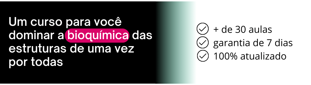 Banner superior do produto. Segue a descrição do conteúdo: Um curso com mais de 40 aulas sobre a estrutura química dos carboidratos, lipídeos, proteínas, vitaminas e minerais. Acompanha dois módulos extras sobre fibras e enzimas, além de e-book e caderno de questões.