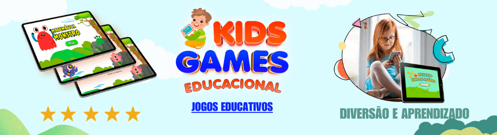 Banner superior do produto. Segue a descrição do conteúdo: Kids Games Educacional é a maneira ideal de transformar o aprendizado em diversão! Desenvolvido para crianças de 1 a 10 anos, ele ajuda no desenvolvimento do raciocínio lógico, alfabetização e matemática de forma interativa e envolvente.

O que seu pequeno vai aprender?

Raciocínio Lógico – Jogos que ensinam resolução de problemas e pensamento crítico. Alfabetização – Atividades que ajudam na identificação de letras e palavras, tornando a leitura mais fácil.
Matemática Divertida – Números e operações básicas ensinados de forma interativa.
Habilidades Sociais – Incentiva cooperação, empatia e trabalho em equipe.

Disponível para Android, iOS, tablets e computadores. Aposte em um aprendizado lúdico e eficaz com o Kids Games Educacional!