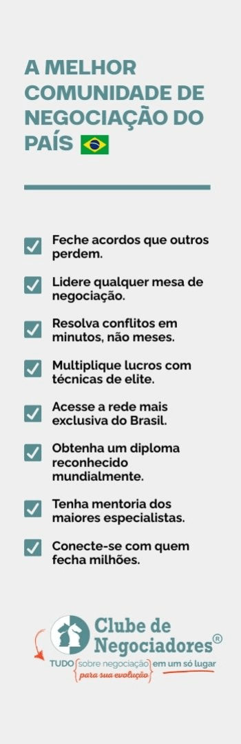 Banner lateral do produto. Segue a descrição do conteúdo: Seja um membro da maior comunidade de negociadores do Brasil. Aqui você paga mais barato para acessar um módulo por mês, navegar pela área de membros, e ainda, obtém descontos de 20% nas compras de novos treinamentos.