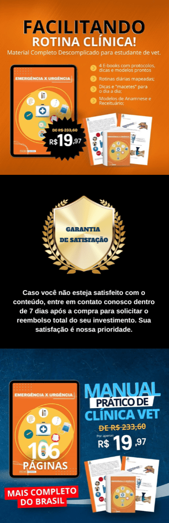 Banner lateral do produto. Segue a descrição do conteúdo: O combo Facilitando a Rotina Clínica foi desenvolvido para estudantes e recém-formados que desejam mais segurança e objetividade no dia a dia da clínica veterinária e querem aprender a correlacionar os conteúdos aprendidos durante a graduação. Reunimos conteúdos essenciais sobre emergências, condutas pré-operatórias, cálculos de dose e administração de medicamentos em pequenos animais, com uma abordagem prática, didática e atualizada.

Com linguagem acessível, esquemas visuais e foco na aplicação real, este material é ideal para quem busca confiança nas decisões clínicas e quer revisar os temas mais importantes da rotina com agilidade.

Aprenda com clareza, revise com eficiência e atenda com mais segurança.