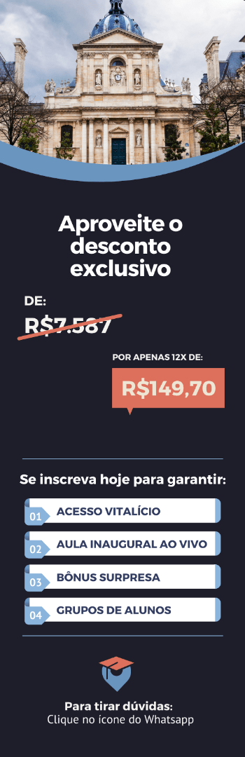 Banner lateral do produto. Segue a descrição do conteúdo: O método passo-a-passo para você fazer um mestrado em alternância ou pesquisa na França! Dezenas de aulas ensinando como ser aprovado pelas universidades francesas para participar do master recherche ou alternance.

Todo o material está atualizado com as regras e documentações de 2025/2026.

O curso te mostra o caminho mais eficiente para ser pago até 2 mil euros por mês para fazer pós-graduação ou mestrado na França, mesmo sem saber falar francês.

Ele foi pensado para pessoas de qualquer idade, que desejam fazer um mestrado na França ou pessoas de até 30 anos, que desejam fazer a modalidade de mestrado em alternância.