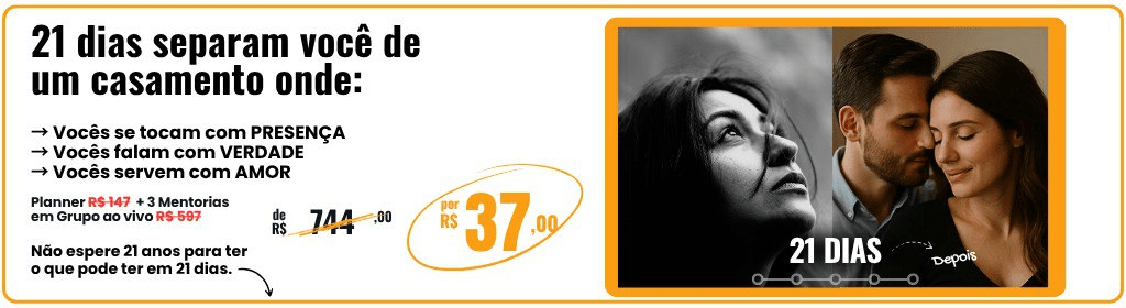 Banner superior do produto. Segue a descrição do conteúdo: O amor ainda tem solução. E pode ser melhor do que você imagina.

21 dias. 21 maneiras. Uma jornada que vai transformar seu relacionamento para sempre.
Se você sente que a rotina tem sufocado o amor ou que a conexão precisa ser restaurada, este planner é para você.

Baseado na sabedoria do Evangelho, neurociência e experiência prática, oferece ferramentas poderosas para reconectar, curar e aprimorar sua vida a dois.
Cada dia traz reflexão espiritual, descobertas da neurociência, ações práticas e exercícios de cuidado pessoal. Do afeto ao perdão, da gratidão à intimidade - cada área essencial é trabalhada para que vocês redescubram a alegria de amar.
Não importa se seu relacionamento está bem ou em crise - o amor precisa ser cultivado com intencionalidade.
 
SOBRE OS AUTORES

Eduardo Badu é advogado, fundador da Comunidade Maria Serva da Trindade, com 27 anos de experiência em acompanhamento de casais. Analista comportamental, pós-graduando em Neurociência, terapeuta de casais e mentor. Impactou milhares de vidas no Brasil e internacionalmente.

Gisele Martins é terapeuta de casais, missionária e ex-2º Sargento do Exército. Dedicou-se à família e à missão de formar consciências e salvar vidas.
Casados há 14 anos, pais de quatro filhos, transformaram suas descobertas sobre amor e comunicação em missão: ajudar casais a viverem a plenitude do amor conjugal segundo o coração de Deus.
