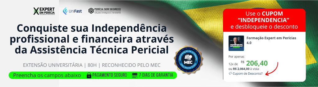 Banner superior do produto. Segue a descrição do conteúdo: Curso voltado para profissionais da área de Saúde e Segurança do Trabalho (Técnicos, Tecnólogos e Engenheiros de Segurança) que desejam ingressar no mercado de perícias trabalhistas ou melhorar sua performance na carreira. 

Neste curso você vai aprender tudo o que é necessário para entrar neste mercado, atuando como Assistente Técnico Judicial. Conhecer as atribuições da função, todo o trâmite processual por trás da perícia, obter acesso a toda legislação da área e um guia completo de estudo. Além disso, você vai aprender de forma prática a elaborar o Parecer Técnico e Impugnações ao Laudo do Perito, assim como prospectar e monetizar seu trabalho caso deseje atuar como autônomo ou micro empresário. E muito mais.