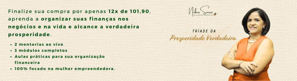 Banner superior do produto. Segue a descrição do conteúdo: Participe da mentoria em grupo online exclusiva para mulheres, liderada pela renomada educadora financeira Núbia Sousa. Aprenda técnicas de gestão financeira para prosperar pessoal e profissionalmente, com foco em planejamento financeiro simplificado.