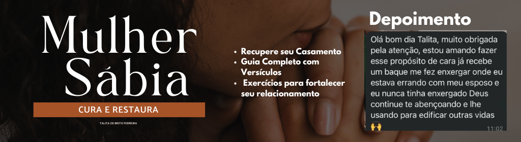 Banner superior do produto. Segue a descrição do conteúdo: É um guia poderoso e inspirador que capacita as mulheres a transformarem seus relacionamentos por meio da sabedoria, paciência e fé. Com base em princípios espirituais e lições práticas, o livro oferece ferramentas para fortalecer o vínculo conjugal, superando desafios e reconstruindo a união em momentos de crise. Cada página convida a leitora a refletir sobre seu papel no casamento, encorajando-a a ser uma agente de paz, amor e transformação no lar.
