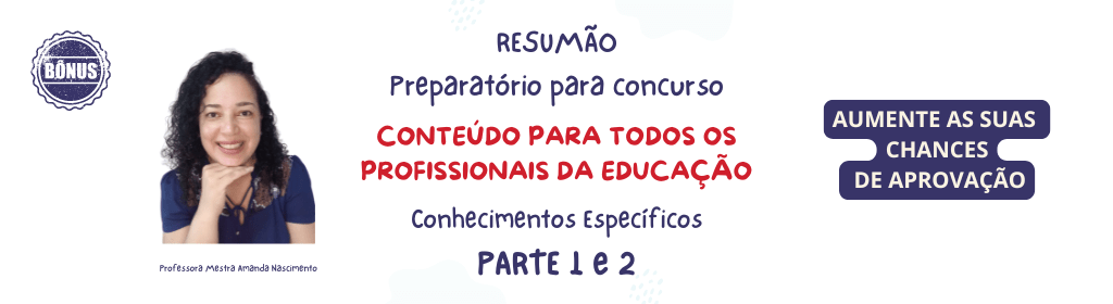 Banner superior do produto. Segue a descrição do conteúdo: Quer aumentar suas chances de aprovação no Processo Seletivo para área da Educação na Prefeitura de Adamantina -SP ?

Eu preparei o Resumão do Conteúdo para todos os profissionais da educação - Conteúdo Específico.

Como foi elaborado esse e-book?
Esse e-book foi elaborado considerando edital de abertura de inscrições para Prefeitura Adamantina -SP.

Para quem serve esse material ?
É indicado para todos os candidatos para os cargos da Educação.

O que você vai receber:
E-book Parte1 e 2 - totalizando 188 páginas com os seguintes temas:

E-book Parte 1 - são 98 páginas com os seguintes temas:
01. Ser e tornar-se professor: práticas educativas no contexto escolar
02. Diretrizes Curriculares Nacionais Gerais da Educação Básica 
04. Ensino Híbrido: Personalização e Tecnologia na Educação
04. Viagem à escola do século XXI: assim trabalham os colégios mais inovadores do mundo
05. Projeto político - pedagógico: em busca de novos sentidos
06. Conflitos na escola: modos de transformar: dicas para refletir e exemplos de como lidar
07. A escola e o conhecimento: fundamentos epistemológicos e políticos
08. Metodologias de trabalho em educação das relações étnico - raciais

E-book Parte 2 - são 90 páginas com os seguintes temas:
01. Diretrizes Curriculares Nacionais para a Educação das Relações Étnico-Raciais e para o Ensino de História e Cultura Afro-Brasileira e Africana
02. A qualidade da educação: conceitos e definições
03. Gamificação na educação
04. Indagações sobre currículo: currículo e avaliação
05. Conversas com um jovem professor
06. A inserção no exercício da docência: necessidades formativas de professores em seus anos iniciais
07. Avaliação mediadora - uma prática em construção da pré escola à universidade
08. Capacitação docente e responsabilidade social: aportes pluridisciplinares

Meu Presente para você:

Questão com resposta comentada em cada capítulo.

De R$ 127,00 por R$ 43,00.

E tem mais ++

Acesso vitalício (valor imensurável).
Acesso ao material via e-mail após confirmação de pagamento.
Garantia de 7 dias.