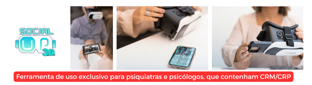 Banner superior do produto. Segue a descrição do conteúdo: O SocialUP3D é um aplicativo inovador projetado para auxiliar no tratamento da fobia social, um transtorno caracterizado pelo medo intenso e irracional de ser avaliado negativamente. Este aplicativo utiliza tecnologia por realidade virtual, para criar um ambiente seguro e controlado, onde os usuários podem enfrentar a ansiedade de forma gradual e repetida.

Neste pacote, você terá direito há:
- 1 acesso profissional (não cumulativo)
- Até 2 pacientes em tratamento
- Certificação online