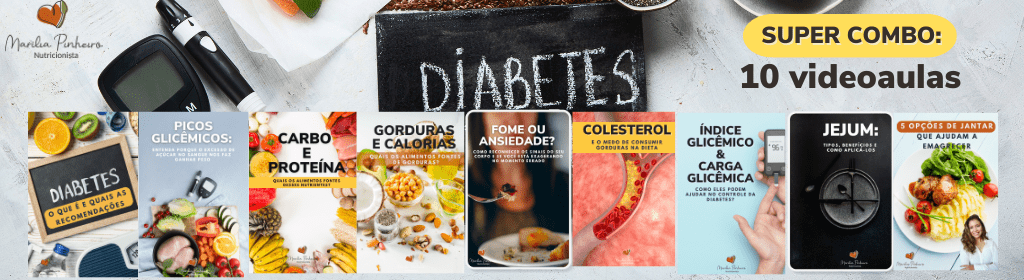 Banner superior do produto. Segue a descrição do conteúdo: Como a diabetes se desenvolve no corpo, que malefícios ela causa e quais mudanças (simples!) na alimentação ajudam a prevenir e controlar essa doença.

10 videoaulas, que incluem exemplos de refeições, e acesso vitalício!
