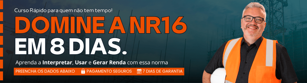 Banner superior do produto. Segue a descrição do conteúdo: Curso NR16: Domine a Norma em 8 Dias e Gere Renda!

Aprenda a interpretar e aplicar a NR16 para identificar atividades perigosas e caracterizar periculosidade. 

Em apenas 8 dias, você vai adquirir o conhecimento necessário para analisar e corrigir laudos, identificar áreas de risco e aumentar sua renda com consultorias com esse conhecimento. 

O curso combina teoria e prática, com videoaulas detalhadas, explicando cada item da norma e suas aplicações no mundo real. 

Ministrado por um especialista em perícia trabalhista com mais de R$13 milhões em resultados positivos, o curso oferece 7 dias de garantia e acesso vitalício ao conteúdo e todas as atualizações da norma.