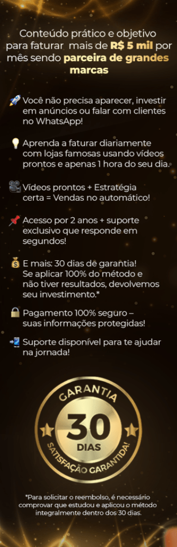 Banner lateral do produto. Segue a descrição do conteúdo: O Método Novo Digital é especializado em ensinar você a obter uma renda extra diariamente em parceria com lojas famosas do mercado brasileiro e internacional.
O treinamento é o mais completo do mercado neste nicho e traz mais de 17 estratégias para qualquer pessoa comum fazer dinheiro diariamente de forma automática e sem aparecer como afiliado de grandes marcas.
O Método Novo Digital ensina de forma simples e objetiva (direto ao ponto) o que uma pessoa comum deve fazer para empreender no digital, do absoluto zero, necessitando apenas de vontade de faturar, um celular e acesso à internet e cerca de 1 hora diária para assistir e aplicar os conteúdos.
Trabalhe com produtos das lojas famosas, sem precisar investir em estoque e em anúncios pagos e aprenda as melhores estratégias para fazer dinheiro todos os dias sem aparecer! Aprenda ainda mais 3 profissões no digital e mais 2 formas de obter uma renda extra neste mercado sem trabalhar com VENDAS.
O Método Novo Digital chegou para revolucionar este mercado e está pronto para ajudar você a trilhar sua jornada de sucesso!