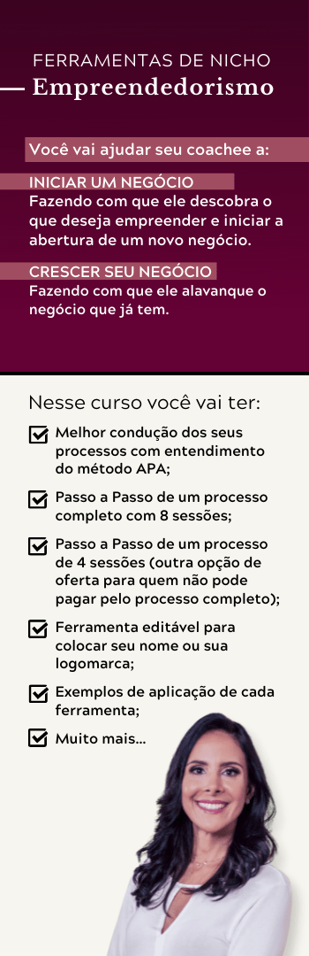 Banner lateral do produto. Segue a descrição do conteúdo: Esse curso é voltado para coaches formados que querem ter um processo diferenciado e totalmente focado para o seu nicho e persona. No Ferramentas de Nicho ele terá todo o arsenal de ferramentas voltados para o seu nicho com explicações de cada uma delas.