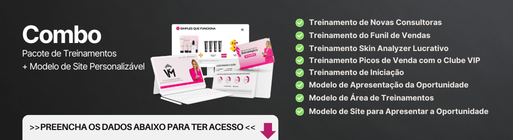 Banner superior do produto. Segue a descrição do conteúdo: Tenha acesso a um pacote completo de treinamentos prontos e editáveis no Canva para aplicar com a sua unidade. 
Novas 
Funil de Vendas 
Skin Analyzer Lucrativo 
Clube VIP 
Iniciação

Crie sua área de treinamentos personalizada para disponibilizar os treinamentos da sua equipe.