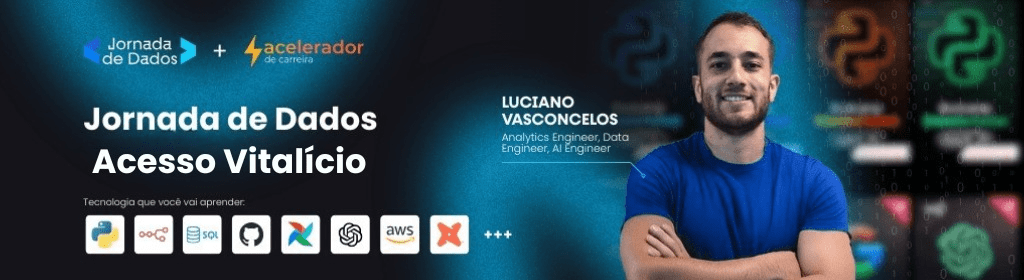 Banner superior do produto. Segue a descrição do conteúdo: A Jornada de Dados é um pacote exclusivo que combina nossos Bootcamps de Python, SQL, dbt Core e Web Scraping com 18 Workshops práticos. Esse combo é projetado para fornecer a analistas, engenheiros e cientistas de dados os fundamentos essenciais e as ferramentas indispensáveis para dominar as técnicas mais procuradas do mercado.

Aproveite a oportunidade única de adquirir toda a formação com um super desconto.

Abaixo os temas:

Bootcamp Intensivo de Python
Bootcamp Intensivo SQL
Bootcamp dbt Core
Bootcamp Avançado Python com Web Scraping
Bootcamp Cloud
Bootcamp Power BI

WORKSHOP #1 | Como estruturar o seu projeto de dados do zero
WORKSHOP #2 | Do Jupyter Notebook pro Deploy
WORKSHOP #3 | Como construir um DW sem pagar muito
WORKSHOP #4 | Estruturando um projeto e processo
WORKSHOP #5 | Pydantic, Data Quality e TDD em dados
WORKSHOP #6 | Infra, Linux, Docker
WORKSHOP #7 | Airflow Workflow Orchestration Deploy
WORKSHOP #8 | Redis, MongoDB, NosQL
WORKSHOP #9 | REST API, FastAPI, Deploys
WORKSHOP #10 | Event-Driven com SNS, SQS, RabbitMQ
WORKSHOP #11 | Arquitetura streaming com Kafka
WORKSHOP #12 | Realtime Dashboad com Streamlit
WORKSHOP #13 | Infra as a Code com Terraform
WORKSHOP #14 | Extração de dados em PDF e Regex
WORKSHOP #15 | Técnicas modernas de integração e extração de dados
WORKSHOP #16 | Observabilidade em Pipeline de Dados
WORKSHOP #17 | Cloud e Azure para Dados
WORKSHOP #18 | Databricks e Fabric


Todos os workshops ficarão gravados em sua área do aluno pra você assistir quando e aonde quiser. 
Materiais de apoio pra cada workshop serão encontrados nos seus respectivos links de aula e você poderá comentar e tirar dúvidas no Grupo de Alunos e em nossa Plataforma.

Acesso Vitalício!
