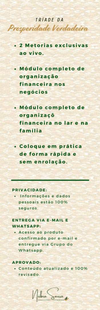 Banner lateral do produto. Segue a descrição do conteúdo: Participe da mentoria em grupo online exclusiva para mulheres, liderada pela renomada educadora financeira Núbia Sousa. Aprenda técnicas de gestão financeira para prosperar pessoal e profissionalmente, com foco em planejamento financeiro simplificado.