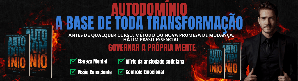 Banner superior do produto. Segue a descrição do conteúdo: Autodomínio é um livro que guia o leitor a vencer a guerra interna contra pensamentos negativos, crenças limitantes e a ansiedade que sabotam a paz e o potencial humano. Combinando psicologia, neurociência e espiritualidade prática, sem clichês ou promessas vazias, o livro oferece um caminho claro para entender e dominar a mente. Perfeito para quem busca autoconhecimento profundo e liberdade emocional com ferramentas práticas e uma abordagem honesta.