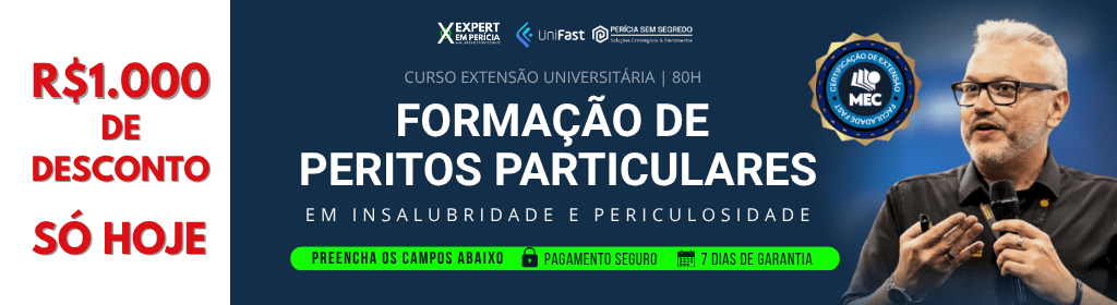 Banner superior do produto. Segue a descrição do conteúdo: Curso voltado para profissionais da área de Saúde e Segurança do Trabalho (Técnicos, Tecnólogos e Engenheiros de Segurança) que desejam ingressar no mercado de perícias trabalhistas ou melhorar sua performance na carreira. 

Neste curso você vai aprender tudo o que é necessário para entrar neste mercado, atuando como Assistente Técnico Judicial. Conhecer as atribuições da função, todo o trâmite processual por trás da perícia, obter acesso a toda legislação da área e um guia completo de estudo. Além disso, você vai aprender de forma prática a elaborar o Parecer Técnico e Impugnações ao Laudo do Perito, assim como prospectar e monetizar seu trabalho caso deseje atuar como autônomo ou micro empresário. E muito mais.