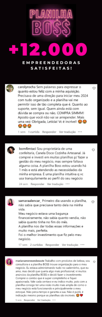 Banner lateral do produto. Segue a descrição do conteúdo: Planilha BO$$, a ferramenta que se torna sua melhor amiga quando o assunto é organização financeira.

Funções da Planilha:
- Fluxo de caixa anual;
- Fluxo de caixa mensal;
- Fluxo de caixa semanal;
- Fluxo de caixa diário;
- Estoque integrado
- Lista de clientes;
- Lista de Produtos;
- Lista de fornecedores;
- Controle de parcelas fiado;
- Aba acompanhamento de fiado;
- Contas bancárias;
- Despesas fixas X variáveis;
- Gastos por categoria;
- Metas do mês | Metas do ano;
- Gráficos.

Tudo isso por apenas R$147,00
* Acesso vitalício
* Tutoriais
* Suporte
* Bônus