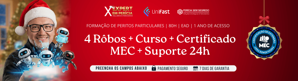 Banner superior do produto. Segue a descrição do conteúdo: Curso voltado para profissionais da área de Saúde e Segurança do Trabalho (Técnicos, Tecnólogos e Engenheiros de Segurança) que desejam ingressar no mercado de perícias trabalhistas ou melhorar sua performance na carreira. 

Neste curso você vai aprender tudo o que é necessário para entrar neste mercado, atuando como Assistente Técnico Judicial. Conhecer as atribuições da função, todo o trâmite processual por trás da perícia, obter acesso a toda legislação da área e um guia completo de estudo. Além disso, você vai aprender de forma prática a elaborar o Parecer Técnico e Impugnações ao Laudo do Perito, assim como prospectar e monetizar seu trabalho caso deseje atuar como autônomo ou micro empresário. E muito mais.