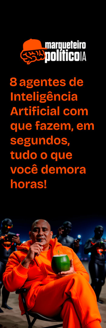 Banner lateral do produto. Segue a descrição do conteúdo: Oito agentes de inteligência artificial, cada um com uma função específica, treinados com mais de 8.000 páginas de conteúdo autoral: livros, artigos, bastidores de campanhas e transcrições de aulas da Escola dos Políticos.

Eles foram programados para falar sua língua, pensar com estratégia e entregar resultado.
Você não está contratando um software. Está colocando sete cérebros treinados no que funciona na política real para trabalhar por você — 24h por dia, sem férias, sem erro, sem vaidade.

OS 8 AGENTES DO ROBÔ MARQUETEIRO POLÍTICO

1. Scriptus
Cria roteiros curtos e impactantes para vídeos políticos — no formato ideal para viralizar no Instagram, TikTok e Reels. Da dor ao CTA, tudo na medida.

2. Captionia
Gera descrições completas para cards e carrosséis com copy estratégica, texto atrativo e linguagem persuasiva. É a voz certa para sua imagem.

3. Legendator
Escreve legendas otimizadas para redes sociais, com ganchos fortes, storytelling e CTA afiado. Prontas para engajar e converter.

4. Postador
Entrega ideias de posts e pautas para campanhas e mandatos — baseadas nas dores do eleitor, nos gatilhos certos e nas estratégias mais atuais.

5. Duvideitor
Responde dúvidas estratégicas sobre campanhas, comunicação e marketing político. Um consultor 24h no seu bolso.

6. Respondex
Escreve respostas afiadas, empáticas e estratégicas para comentários, directs e mensagens do público nas redes sociais. Humaniza sem enrolar.

7. Estrategix
Cria planejamentos políticos completos com posicionamento, narrativa, SWOT, identidade, tom de voz, canais e plano de ação. Pronto para usar.

8. Crisis Manager
Atua como consultor de gerenciamento de crises políticas e de imagem. Responde a ataques, críticas, fake news, gafes ou escândalos com mensagens rápidas, afiadas e estratégicas.