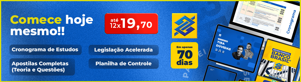 Banner superior do produto. Segue a descrição do conteúdo: Direcionamento perfeito para vencer o Edital de Escriturário do Banco do Brasil no menor tempo possível.