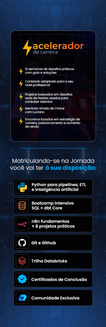 Banner lateral do produto. Segue a descrição do conteúdo: A Jornada de Dados é a formação mais completa para quem quer dominar as ferramentas e metodologias mais usadas no mercado de dados. São mais de 300 horas de conteúdo, cobrindo desde Python, SQL e a recém-lançada trilha de n8n para automações, até tecnologias avançadas como Docker, Airflow, Kafka, Terraform, AWS e Inteligência Artificial.

Você vai construir pipelines e projetos completos, aprendendo na prática como integrar dados, automatizar processos e entregar valor real para o negócio. É a formação ideal tanto para quem quer começar na carreira quanto para Engenheiros de Dados, Analistas e Analytics Engineers que querem se destacar no mercado.

E nessa oferta especial, você garante também o Acelerador de Carreira, um programa focado em empregabilidade, networking e posicionamento profissional, que inclui:

Comunidade Jornada com mais de 1000 profissionais, vagas exclusivas, projetos reais e contato direto com profissionais e monitores

Desafios Semanais para aplicar na prática e evoluir rápido

Mentoria Virada de Chave, organizada em dois níveis: um para iniciantes e júnior e outro para pleno e sênior, focando em acelerar seu crescimento e aumentar seu potencial de renda

Tudo isso com acesso anual, aulas gravadas e suporte próximo para te acompanhar em cada etapa.