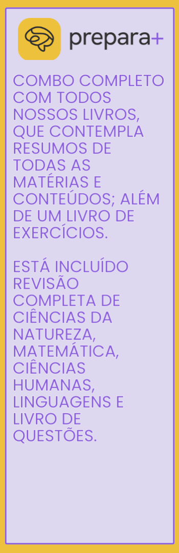 Banner lateral do produto. Segue a descrição do conteúdo: Combo completo com todos nossos livros, que contempla resumos de todas as matérias e conteúdos, além de um livro de exercícios.

Está incluído revisão completa de ciências da natureza, matemática, ciências humanas, linguagens e livro de questões.