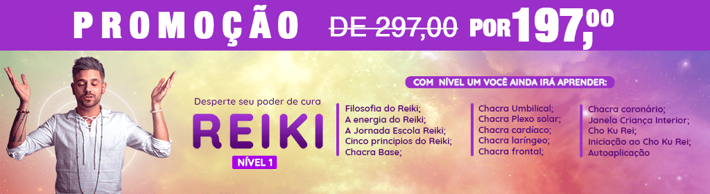 Banner superior do produto. Segue a descrição do conteúdo: Reiki é uma forma fácil e leve de você aprender a SENTIR as energias e tratá-las para uma hamonização do dia. 

No nível 1 você aprende sobre chacras, a filosofia de um reikiano e a autoaplicação com o símbolo CHO-KU-REY que traz em sua essência o decreto DEUS ESTA AQUI.
Cronograma:
Reiki 1
Filosofia do Reiki;
A energia do Reiki
A Jornada Escola Reiki
Cinco principios do Reiki
Chacra Base
Chacra Umbilical
Plexo solar
Chacra cardíaco
Chacra laríngeo
Chacra frontal
chacra coronário
Janela Criança Interior
Cho Ku Rei
Iniciação ao Cho Ku Rei
Autoaplicação


- Aulas ficam gravadas para você consultar pelo período de 1 ano.
- Gravações curtas de dicas especiais com as aplicações dos símbolos
- Aula gravada para você saber tudo que você precisa para ser um terapeuta reikiano

- Ebook de ervas para banhos
- Ebook de cristais para os chacrasideal não ter tumulto