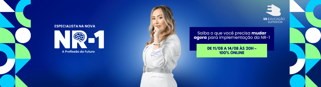 Banner superior do produto. Segue a descrição do conteúdo: Um novo evento feito especialmente para você! Se atualize com as novidades do DP sobre a NR-1!

Ao se matricular na "Especialista na Nova NR-1: a profissão do futuro" você terá:
- 4 aulas;
- 7 dias de conteúdo gravado;
- Certificado reconhecido nacionalmente.