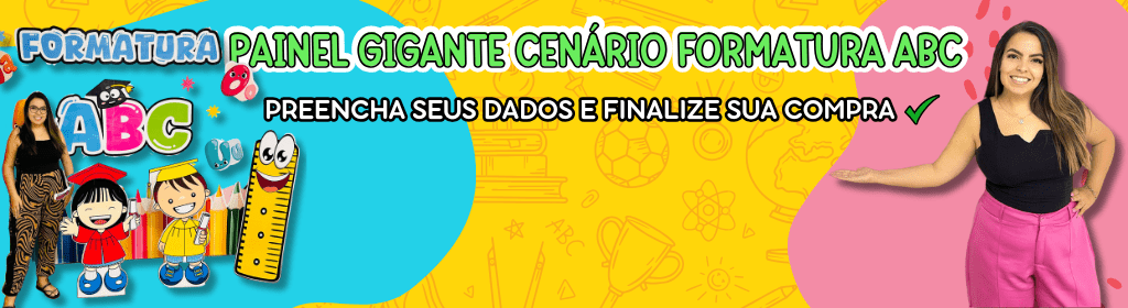 Banner superior do produto. Segue a descrição do conteúdo: Prepare uma Formatura Inesquecível para seus Pequenos Formandos! 

Apresentamos o nosso Cenário de decoração “Formatura ABC”, perfeito para tornar a formatura dos seus alunos um momento mágico e memorável! Este material inclui:

•Painel Temático Grande: Com design atraente e educativo, criando o cenário perfeito para fotos.

•Personagens: Acompanhados de diplomas, esses adoráveis personagens vão encantar todos os presentes.

•Decoração Diversificada: Com elementos que celebram a educação, desde régua gigante até estrelas brilhantes.

Este material foi criado pensando em facilitar a organização do evento e garantir que cada detalhe contribua para um dia especial.

Ideal para cerimônias de formatura na educação infantil, cada elemento é desenhado para ser não só decorativo, mas também parte da celebração do aprendizado e crescimento dos alunos.

Garanta já o seu kit e celebre o grande dia dos pequenos formandos com estilo e diversão!