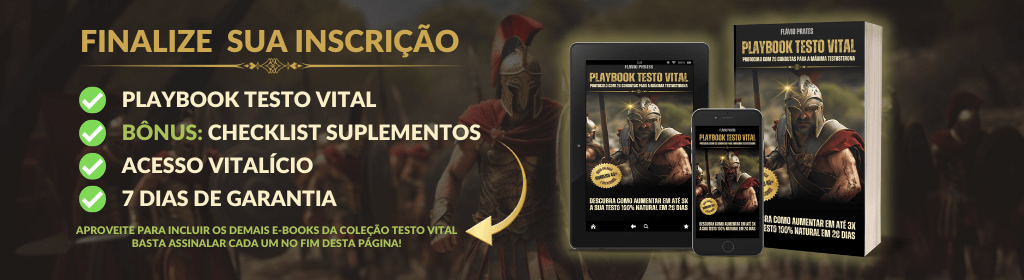 Banner superior do produto. Segue a descrição do conteúdo: O Playbook TESTO VITAL é a chave para você, homem acima de 40 anos, conquistar uma transformação completa e natural em sua vida. Ao seguir este Protocolo de 28 Condutas, você experimentará um aumento significativo em seus níveis de testosterona, sentindo mais energia, força, clareza mental e confiança como nunca antes.
Em apenas 28 dias, você irá desbloquear o potencial máximo do seu corpo e mente, resgatando sua masculinidade com vitalidade e propósito.
Este é o seu momento de provar a si mesmo que é possível viver como um verdadeiro guerreiro: poderoso, focado e no controle absoluto do seu destino.