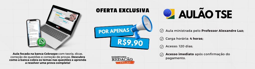 Banner superior do produto. Segue a descrição do conteúdo: Descubra como a banca cobra os temas nas questões e aprenda a resolver uma prova completa!

Aula focada na banca Cebraspe com teoria, dicas, correção de questões e correção de provas.

Aula ministrada pelo Professor Alexandre Luz

Carga horária: 4 horas

Aula 1 - Teoria + correção de questões (Pronomes Relativos e Crase com 15 questões) ----- R$21,90
Aula 2 - Teoria + correção de questões ( Conectores e Pontuação 14 questões) ----- R$19,90
Aula 3 - Correção prova completa de Português (Prova Cebraspe realizada em 08/2024 com 25 questões) ----- R$35,90

Todo o conteúdo de R$77,70 por apenas R$R$9,90.

Acesso: 120 dias