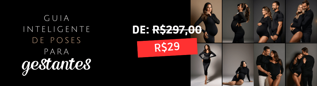 Banner superior do produto. Segue a descrição do conteúdo: Bem-vindo ao "Guia Inteligente de Poses para Fotógrafos criado para tornar suas sessões fotográficas ainda mais especiais. 

Aqui, organizamos as poses de acordo com os looks básicos que todo fotógrafo deve ter no estúdio, como lingerie, jaqueta, jeans e vestido.

Nosso guia é uma ferramenta prática para ajudar você e suas clientes a encontrarem as melhores poses que valorizam cada estilo. Escolham o look e descubram as poses ideais para destacar a beleza da gestação de forma única e sensível.

Com dicas simples e acessíveis, queremos ajudar você a capturar momentos autênticos e inesquecíveis. Vamos juntos transformar cada ensaio em uma experiência única e cheia de significado.