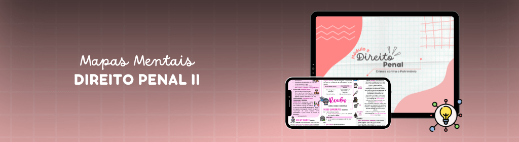 Banner superior do produto. Segue a descrição do conteúdo: Direito Penal (Módulo 2) - Crimes contra o Patrimônio
Produto 100% DIGITAL! Você receberá um material em PDF.
Tópicos esquematizados e ilustrados para melhor compreensão.
Material direcionado para revisões.
Este material possui 13 páginas de conteúdo. 
SUMÁRIO:
Furto
Roubo
Extorsão
Usurpação
Dano
Apropriação indébita
Estelionato
Receptação