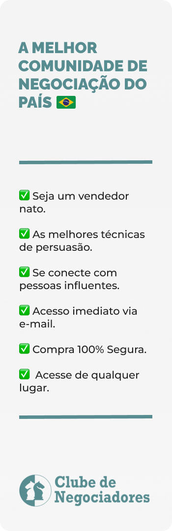 Banner lateral do produto. Segue a descrição do conteúdo: Seja um membro da maior comunidade de negociadores do Brasil. Aqui você paga mais barato para acessar um módulo por mês, navegar pela área de membros, e ainda, obtém descontos de 20% nas compras de novos treinamentos.