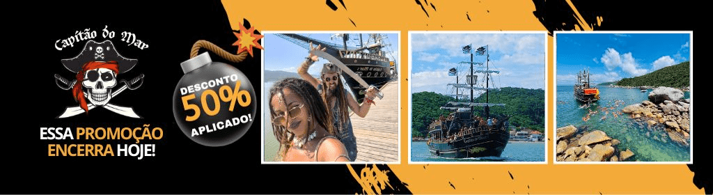 Banner superior do produto. Segue a descrição do conteúdo: - Atenção: A data do evento que aparece aí embaixo (31/12) é apenas para deixarmos essa oferta ativa na Eduzz, pode ignorar pois você tem até 1 ano depois da compra para usar os ingressos, é só agendar pelo WhatsApp (47) 9.9921-1070 e ainda tem 30 dias de garantia para pedir reembolso se mudar de ideia.

Barco Pirata Bombinhas 
CNPJ 21.411.407/0001-81

O pacote que você está comprando inclui por pessoa: 

- Embarque em Trapiche Próprio.
- Passeio de Barco Pirata pela costa de Ponta de Zimbros até a famosa Ilha do Macuco.
- Avistamento de Leão Marinho.
- Parada para Banho de 30 Minutos na Ilha do Macuco.
- Parada para Banho no Retorno na Praia do Cação de 30 minutos.
- O Barco Possui um Toboágua, 2 plataformas, Bar, Músicas, Risadas e Muita Diversão Com os Piratas.

