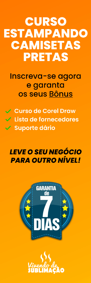 Banner lateral do produto. Segue a descrição do conteúdo: Nesse curso você vai aprender técnicas para estampar camisetas coloridas e tecido algodão usando a impressora com tinta sublimática.