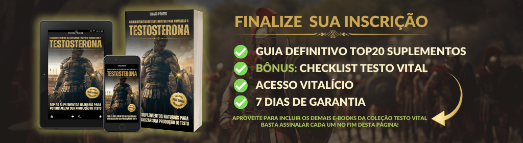 Banner superior do produto. Segue a descrição do conteúdo: O Guia Definitivo de Suplementos para Aumentar a Testosterona é um manual completo e prático para homens que desejam elevar seus níveis hormonais de forma 100% natural, segura e eficaz. Com base nas mais recentes evidências científicas, o e-book apresenta os 20 principais suplementos com ação comprovada na produção natural de testosterona — explicando o que são, como agem no organismo, doses recomendadas, melhor horário para uso e benefícios para homens acima dos 40 anos.

Criado por Flávio Prates, Nutricionista, Educador Físico e Técnico de Culturismo e Musculação com quase 60 anos e em plena forma, este guia é um verdadeiro arsenal para quem deseja mais energia, virilidade, libido, foco e vitalidade todos os dias — sem precisar recorrer a terapias hormonais sintéticas.

Ideal para homens que não aceitam a fraqueza como destino e querem recuperar o controle do corpo, da mente e da sua masculinidade.