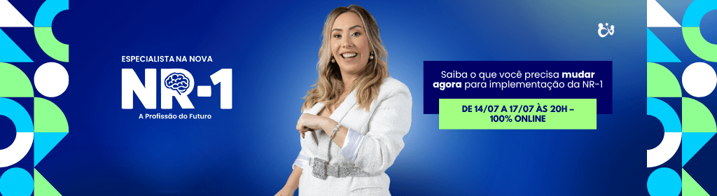 Banner superior do produto. Segue a descrição do conteúdo: Um novo evento feito especialmente para você! Se atualize com as novidades do DP sobre a NR-1!

Ao se matricular na "Especialista na Nova NR-1: a profissão do futuro" você terá:
- 4 aulas;
- 7 dias de conteúdo gravado;
- Certificado reconhecido nacionalmente.
