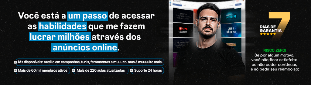Banner superior do produto. Segue a descrição do conteúdo: Comunidade de Tráfego Pago do Paizão – A maior e mais completa comunidade de tráfego do Brasil, com mais de 60 mil gestores ativos acelerando campanhas todos os dias.

São +220 aulas atualizadas (e crescendo!), com conteúdo do básico ao avançado, incluindo:

Meta Ads e Google Ads
Contingência avançada (pra nunca mais chorar com bloqueio!)
Funis de conversão reais e validados
Estrutura própria, PLR, afiliado, ecommerce, infoproduto e tráfego local
Lives semanais com o Paizão e os melhores do mercado
Aulas AO VIVO toda semana, direto do campo de batalha

Networking insano com milhares de alunos trocando estratégias, insights e resultados todos os dias.

Chat ao vivo + suporte completo, com resposta rápida pra dúvidas técnicas, estratégicas ou existenciais (sim, até o emocional do gestor a gente ajuda ??)

Plataforma própria, com acesso imediato e vitalício ao conteúdo liberado.
O mercado digital tá crescendo. Quem domina tráfego, domina o jogo.

7 dias de garantia incondicional
Comece agora. A TELA educa. O BOLSO agradece.