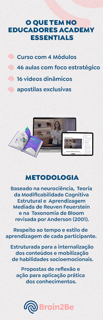 Banner lateral do produto. Segue a descrição do conteúdo: Objetivo do Curso: Desenvolver competências socioemocionais e promover a saúde mental por meio de experiências práticas aplicáveis ao cotidiano. O curso visa aprimorar funções executivas, gerenciar emoções e fomentar pensamento construtivo para autodesenvolvimento e sucesso pessoal e profissional.

Principais Temas Abordados:

Contexto mundial
Sua mente e seu cérebro
Sua mente e sua identidade
Sua mente e suas emoções
Sua mente e seus pensamentos

Trilha Pedagógica (Aulas):

O mundo mudou, e agora?
O que é a Inteligência Socioemocional?
Como viver bem no meu mundo interno
Como o cérebro funciona
Como o estresse afeta a saúde física e mental
O que é Função Executiva?
Como desenvolver a autoconsciência
Posso aprender a gostar de mim mesmo?
Para que servem as emoções?
Como posso regular as emoções?
Qual a relação entre pensamentos e emoções?
Será que a minha mente me engana?
O que faço com os meus pensamentos?

Formato e Metodologia:

- Curso sistematizado com 3 módulos + módulo de introdução.
- Material didático digital exclusivo que pode ser impresso.
- 2 horas de conteúdo.
- Baseado na neurociência, Teoria da Modificabilidade Cognitiva Estrutural e Aprendizagem Mediada de Reuven Feuerstein e na Taxonomia de Bloom revisada por Anderson (2001).
- Respeito ao tempo e estilo de aprendizagem de cada participante.

Produtos e Serviços:

- Material didático digital exclusivo.

Metodologia Utilizada:

- Estruturada para a internalização dos conteúdos e mobilização de habilidades socioemocionais.
- Propostas de reflexão e ação para aplicação prática dos conhecimentos.

O curso busca proporcionar aos educadores uma jornada de autodesenvolvimento, capacitando-os a desempenhar suas funções de maneira mais eficiente e equilibrada, respeitando suas necessidades e contexto atual.