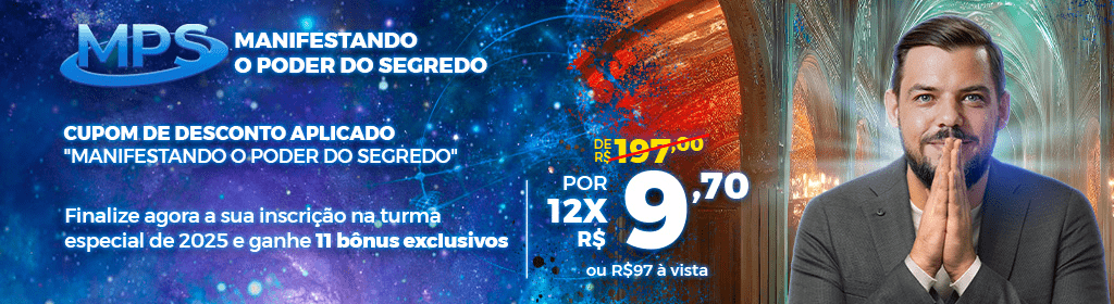 Banner superior do produto. Segue a descrição do conteúdo: Manifestando O Poder do Segredo é o treinamento mais completo e atualizado, para você alcançar todos os seus objetivos, colocando em prática técnicas poderosas da Lei da Atração e da Programação Neuro Linguística (PNL).