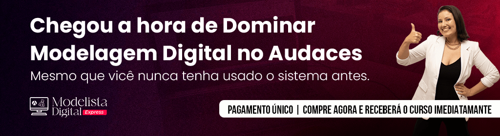 Banner superior do produto. Segue a descrição do conteúdo: Inicie seu aprendizado de Modelagem em Audaces aprendendo a construir bases de modelagem feminina para tecido plano. Aprenda a construir base de Saia, Blusa, Manga,Vestido e calça feminina no sistema Audaces e suas respectivas graduações analisando uma tabela de medidas regular. Aprenda também a interpretar algumas peças a partir das bases.

Esse curso é destinado a quem quer aprender a usar o sistema Audaces do zero, de forma rápida e através de um método descomplicado. 


Você vai aprender a:

1. Construir a base de saia no sistema.

2. Construir a base de blusa feminina no sistema.

3. Construir a base de manga no sistema.

4. Construir a base de calça feminina no sistema.

5. Construir base de Vestido.

6. Utilizar as principais ferramentas de graduação na prática.

7. Graduar a base da saia no sistema.

8. Graduar a base de blusa e Manga no sistema.

9. Graduar base da calça no sistema.

10. Interpretação de alguns modelos a partir das bases


Esse curso é a sua porta de entrada para a Modelagem Digital em Audaces.