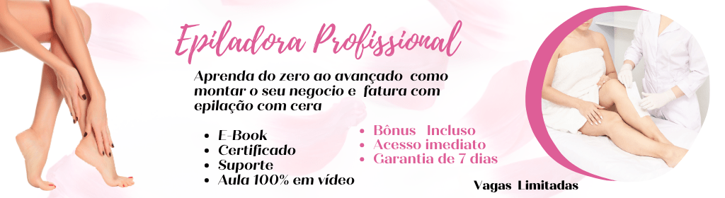 Banner superior do produto. Segue a descrição do conteúdo: Você vai aprender: História da depilação, etica e postura do profissional depilador
biossegurança, pele humana, anatomia do Pelo, receptores Sensoriais, ciclo do pelo
tipos de depilação mais comuns, contraindicações e cuidados, material e aparelho usados para depilação, aplicação prática de técnicas de depilação para as diferentes áreas d corpo.