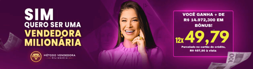 Banner superior do produto. Segue a descrição do conteúdo: O Método Vendedora Milionária é uma solução completa e única para quem busca maximizar suas vendas online. Este curso de capacitação compreende diversas estratégias para escalar suas vendas e lucrar significativamente na era digital.

O método orienta em como transformar o WhatsApp em uma ferramenta de vendas poderosa. Você aprenderá técnicas eficazes para abordar e converter mais de 100.000 clientes validados que o curso disponibilizará. As estratégias ensinadas irão ajudá-lo a entender a psicologia dos consumidores e como personalizar cada interação para fechar mais vendas.

Este curso oferece um guia detalhado para usar o Facebook Ads de maneira eficiente, permitindo que você escale suas vendas de maneira automática. Você aprenderá como definir seu público-alvo, otimizar sua verba publicitária e criar anúncios altamente eficazes que convertam visualizações em vendas.

No mundo do marketing digital, criatividade é a chave. Este curso lhe ensinará a criar conteúdos que chamam a atenção, geram interesse e, finalmente, levam a conversões.
Você terá acesso a um site com vários produtos da marca Lievi Fitness. Como afiliado, você poderá ganhar comissões sobre as vendas feitas através do site, proporcionando outra fonte lucrativa de renda.

Com o Método Vendedora Milionária, você não está apenas comprando um curso, mas um pacote completo de estratégias comprovadas que irão transformar suas vendas online. Seja você um iniciante em vendas online ou um profissional experiente buscando levar seus negócios para o próximo nível, este curso é o investimento certo para impulsionar seu sucesso