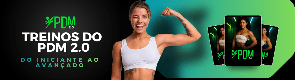Banner superior do produto. Segue a descrição do conteúdo: O Programa de Desenvolvimento Muscular 2.0 (PDM) para mulheres combina treinos focados em emagrecimento e hipertrofia, com rotinas para todos os níveis do iniciante até o avançado. Inclui 10 bônus como treinos para fortalecimento de costas, pernas, glúteos, abdômen e cardio. Oferece acesso vitalício e atualizações com pagamento único.